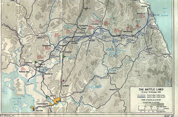 Реальная карта положения линии фронта в Корее 1951 года.